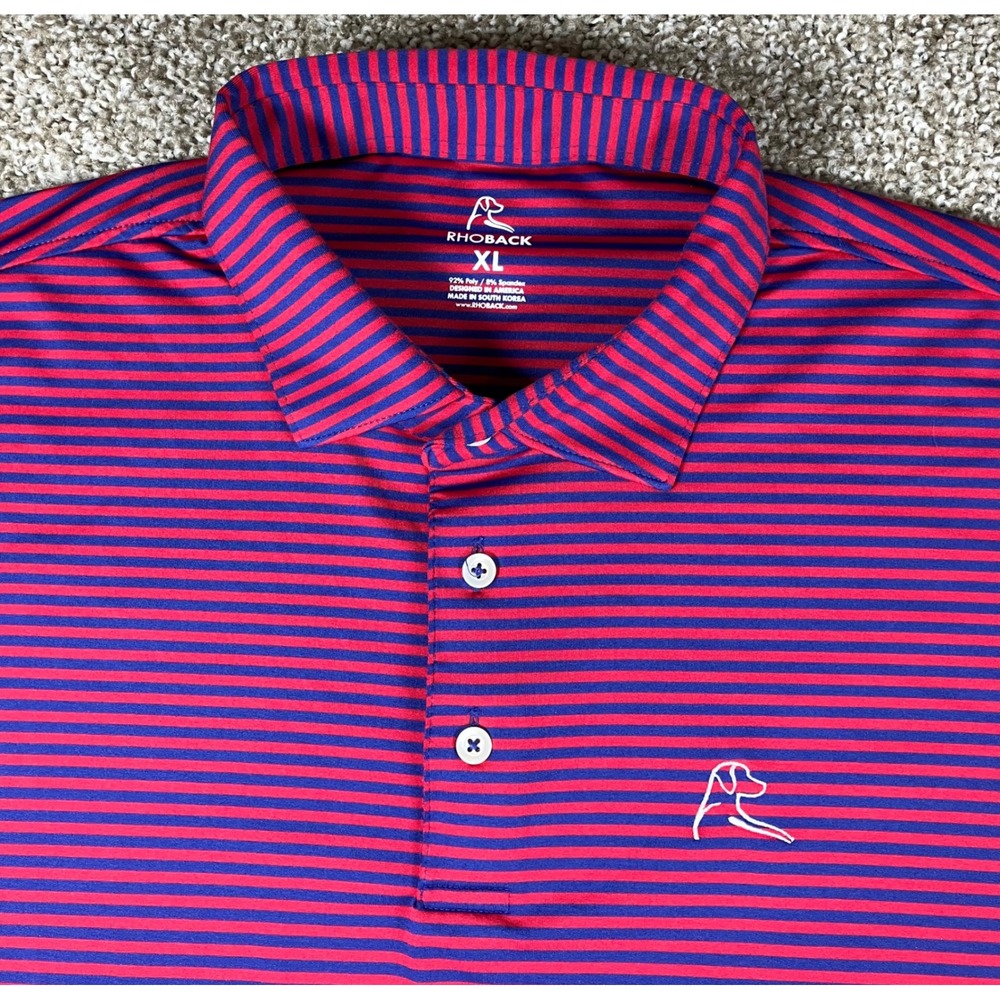 Rhoback Mens XL Performance Polo Shirt Red Blue Striped Short Sleeve Dog Logo